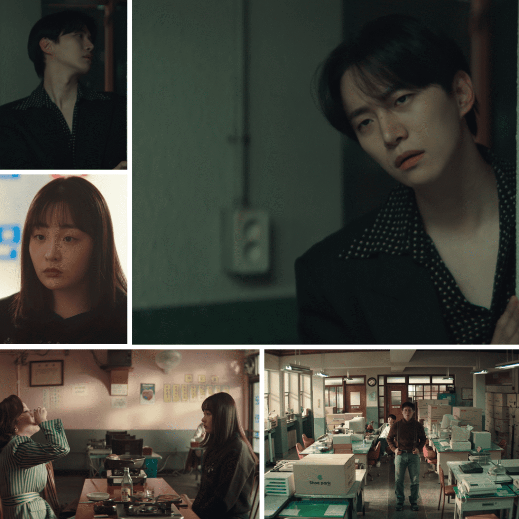 Typhoon Family First Impressions collage of Kang Tae Pung, Oh Mi Seon, and the Shoe Park owner, symbolizing hope, risk, and resilience.