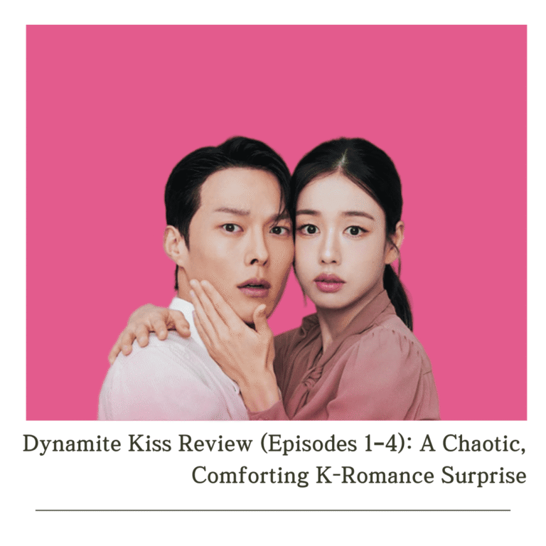 Dynamite Kiss Review promotional poster with Ahn Eun jin and Jang Ki yong against a bright pink background