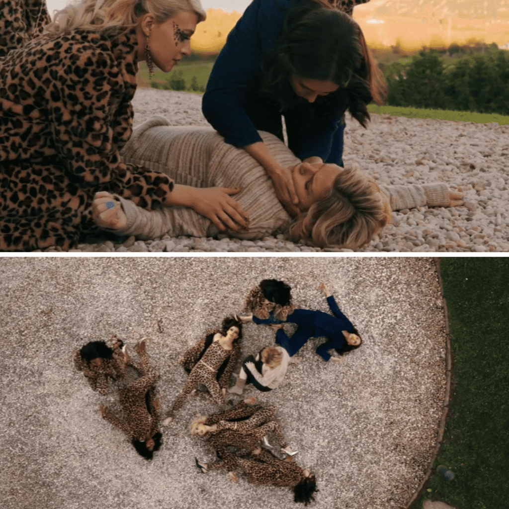 Pluribus Review: Two image grid showing Carol collapsed on the floor and the hive glitching around her