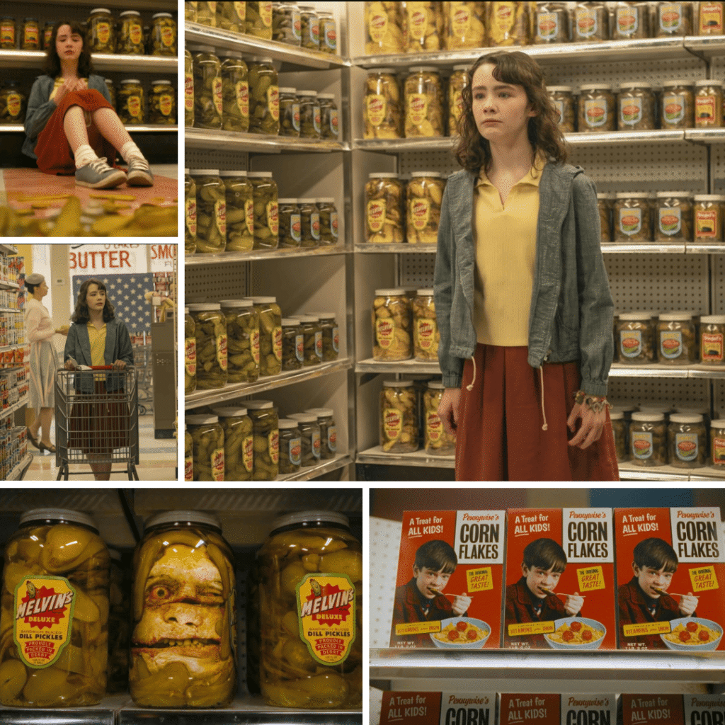 IT Welcome to Derry Review: Collage of Lily in the supermarket, pickle jars with her father’s head, and missing kids printed on cereal boxes