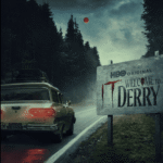 Promo image of a car driving past the Welcome to Derry billboard surrounded by fog and trees