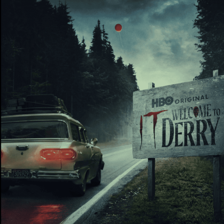 Promo image of a car driving past the Welcome to Derry billboard surrounded by fog and trees