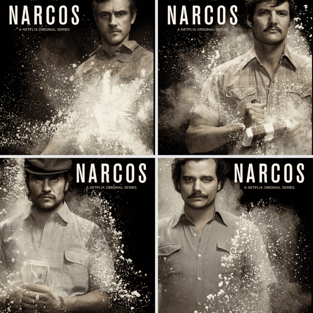 K-dramas like Trigger: Four image grid of Narcos posters featuring Wagner Moura and Pedro Pascal.