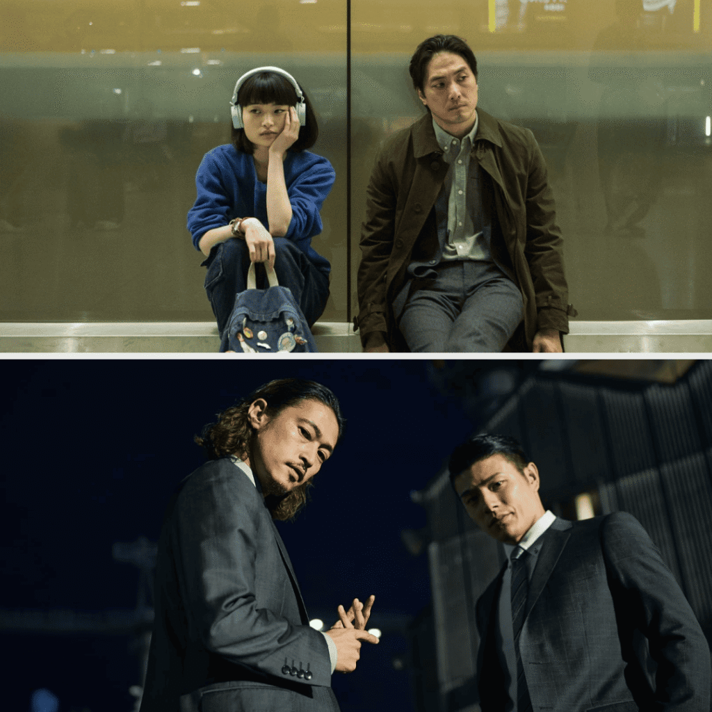 K-dramas like Trigger: Two image grid from Giri Haji featuring Takehiro Hira and Aoi Okuyama.