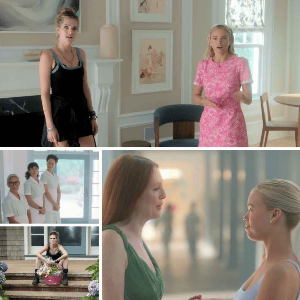 Collage of Devon, Simone, and Michaela showing the tangled web of love, guilt, and power explored in Sirens Netflix Review