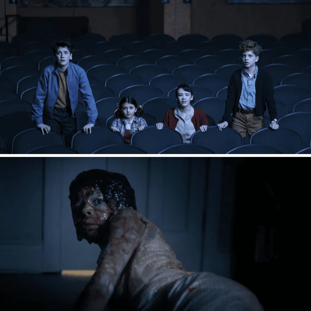 IT Welcome to Derry Review: Still images of Lily, Susie, Phil, Teddy watching the cinema screen and Veronica alone in her bedroom