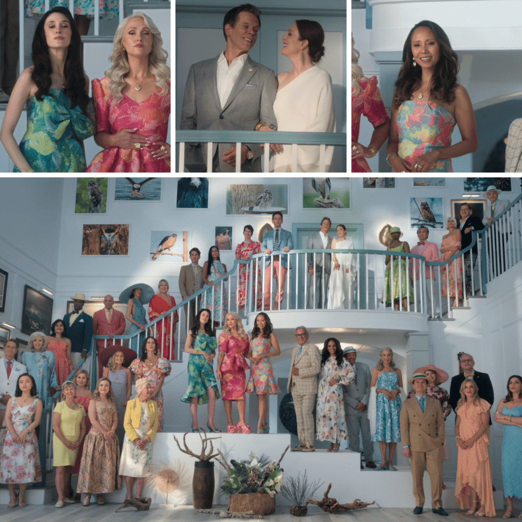 Collage of guests at the Kell’s annual foundation gala, representing the darkly comic social satire at the heart of Sirens Netflix Review