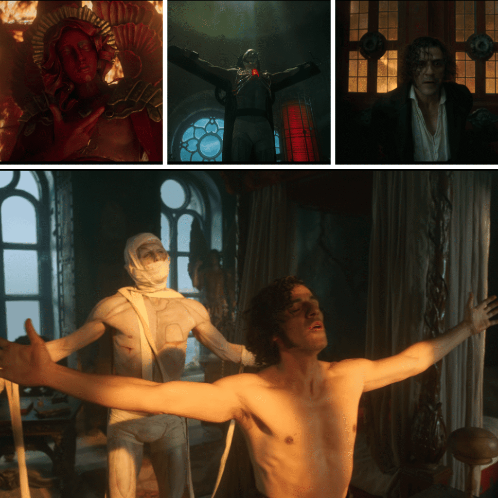 Frankenstein Netflix Review: Collage of Victor’s dream, the burning tower, and the creature’s first sunrise