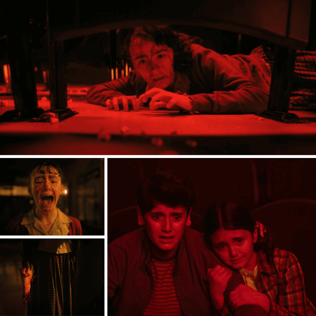 IT Welcome to Derry Review: Collage of the chaotic and bloody scene inside the cinema with Lily, Susie, and Phil