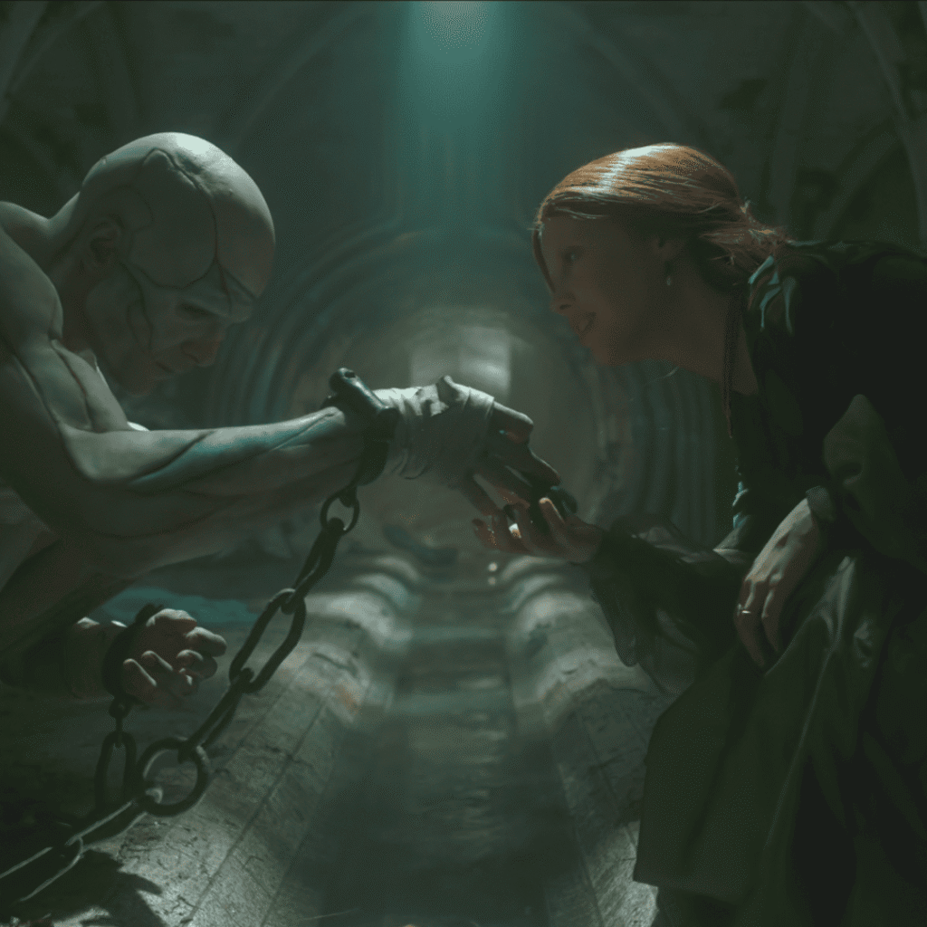 Frankenstein Netflix Review: Still of Elizabeth meeting the chained creature