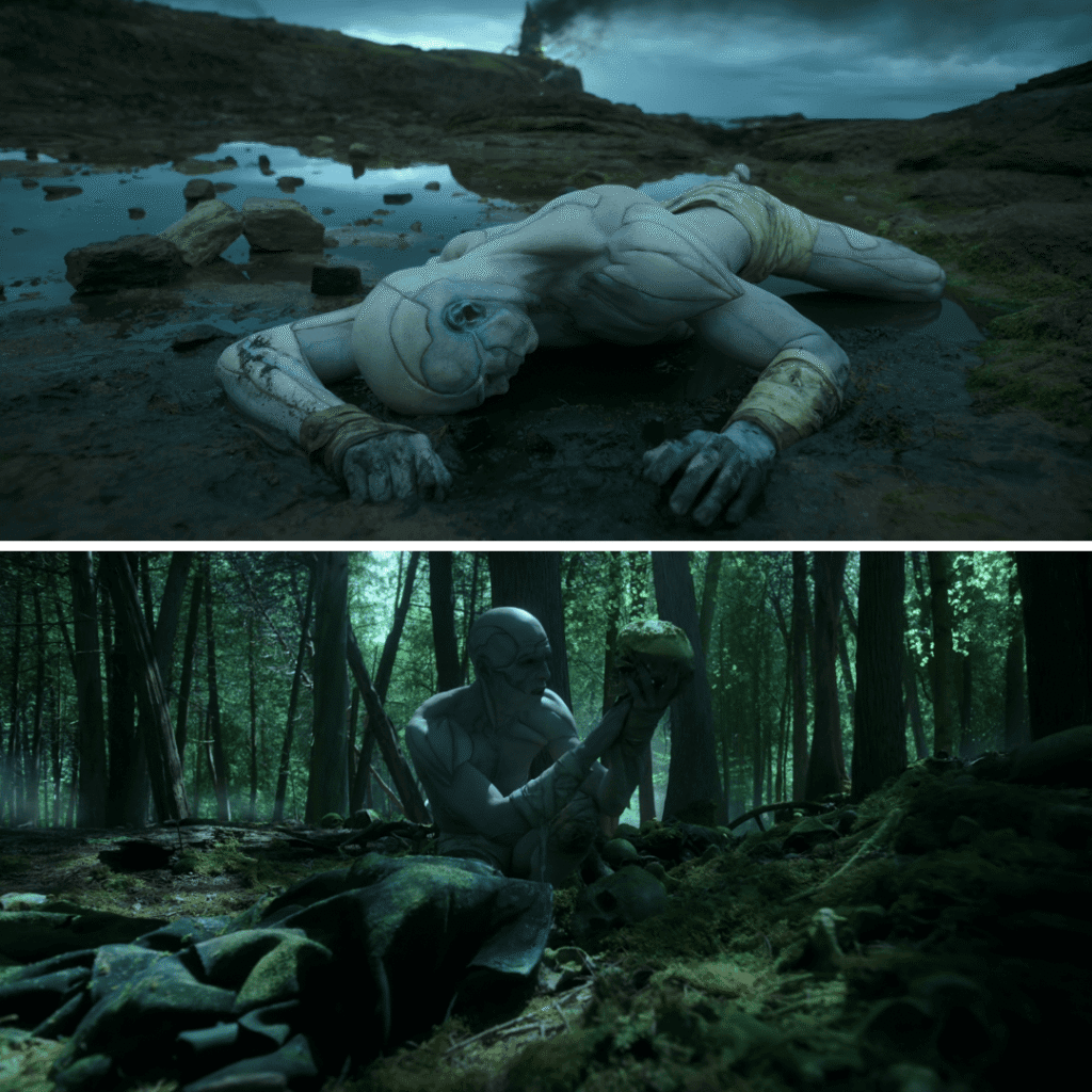 Frankenstein Netflix Review: still of the creature washed ashore and holding a soldier’s skull
