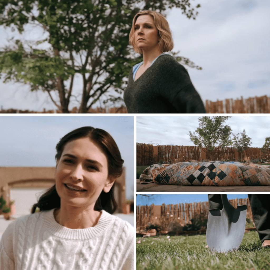 Pluribus Review: Collage of Carol and the assigned helper in her garden while she buries her friend