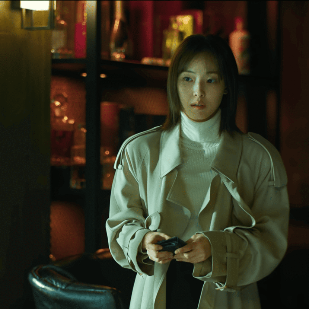 Close-up of Eun-su in a beige mac looking at So-baek from As You Stood By Netflix First Impressions Review.