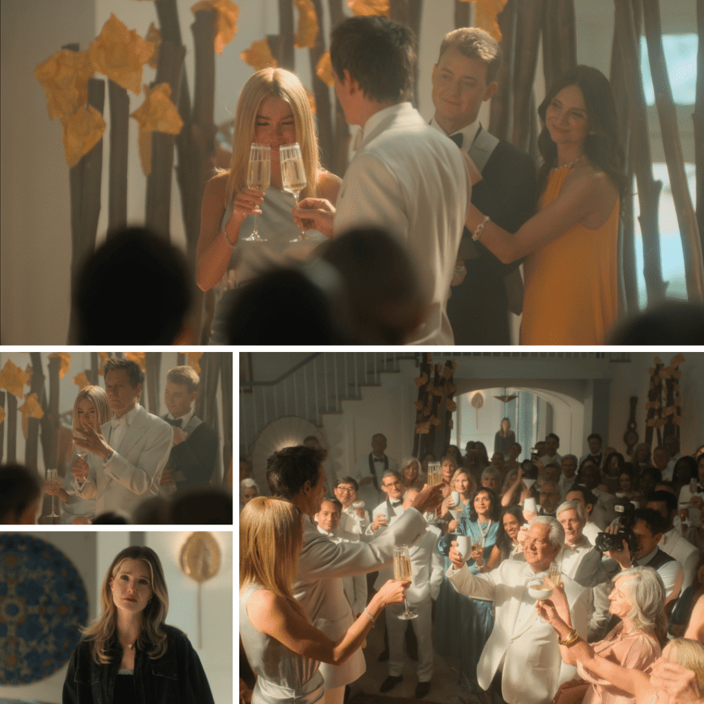 Collage of Simone and Peter sharing a toast after Michaela’s downfall, symbolizing the show’s commentary on ambition and moral compromise in Sirens Netflix Review