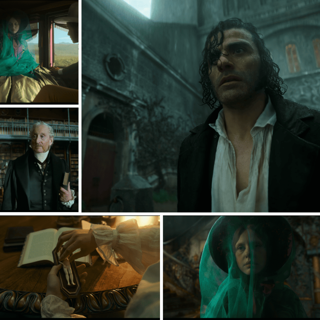 Frankenstein Netflix Review: Collage of Victor’s burning tower, his childhood memory, and Elizabeth leaving the ruins