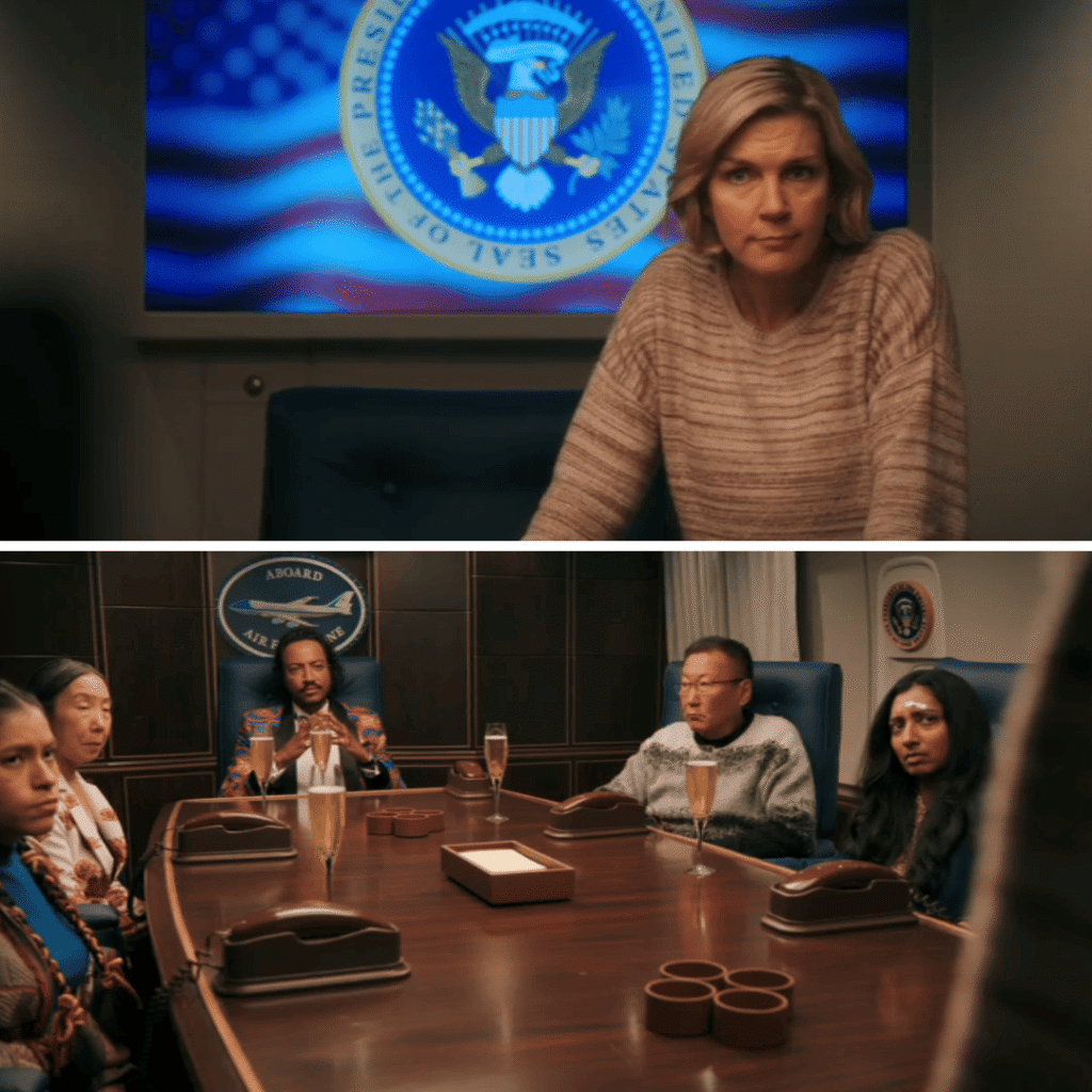 Pluribus Review: Two image grid of Carol and other anomalies sitting on Air Force One discussing the hive