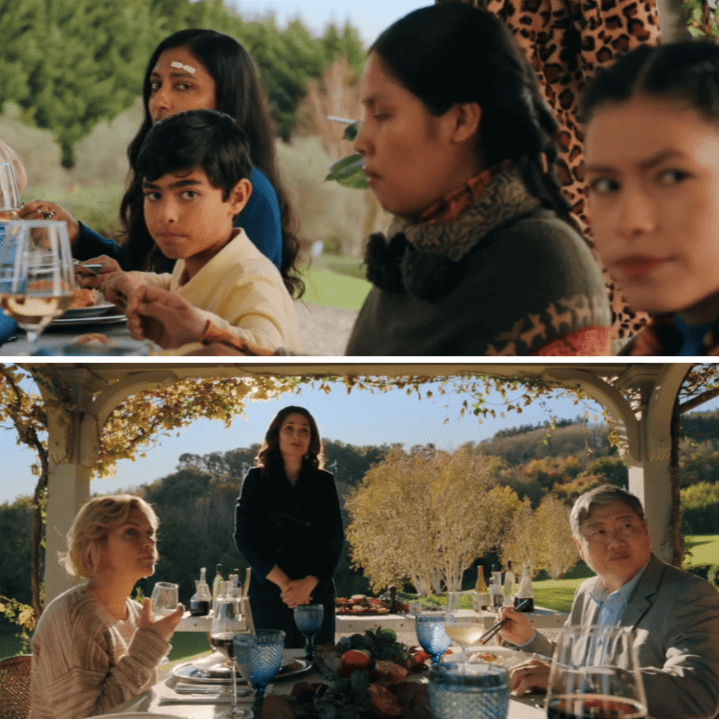 Pluribus Review: Two image grid of Carol and the anomalies eating outdoors surrounded by hive controlled people