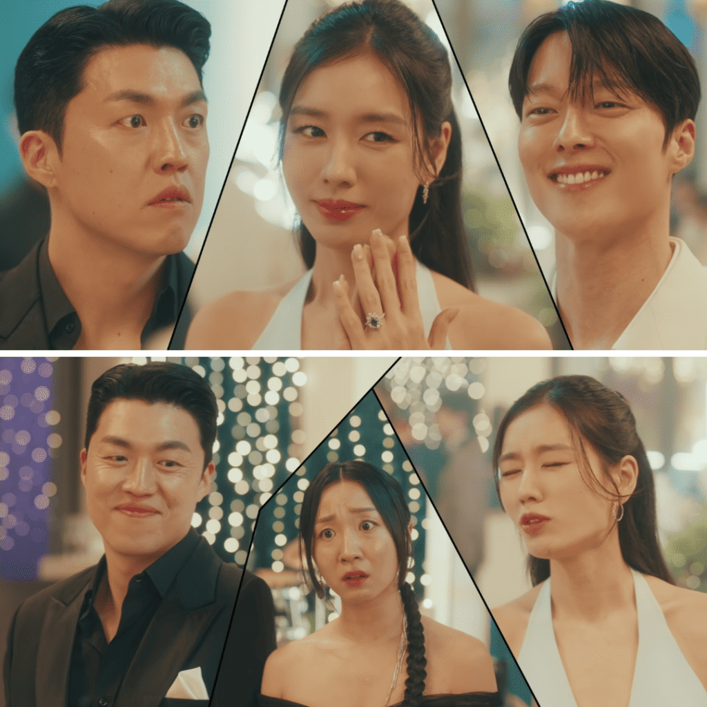 Dynamite Kiss Review two image split screen showing Go Da rim and Gong Ji hyeok and the ex couple reacting
