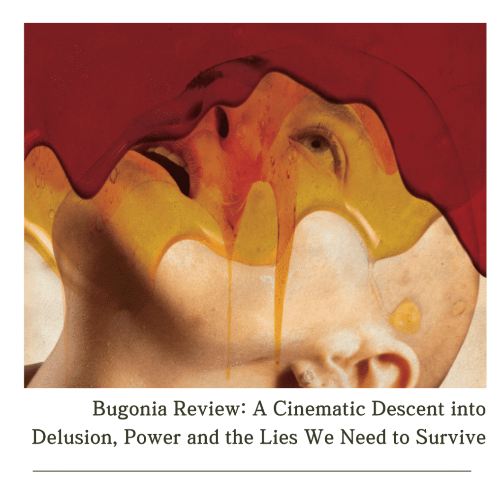 Bugonia Review: Emma Stone's character with blood and honey mixture pouring over her shaved head in the film’s promotional poster.