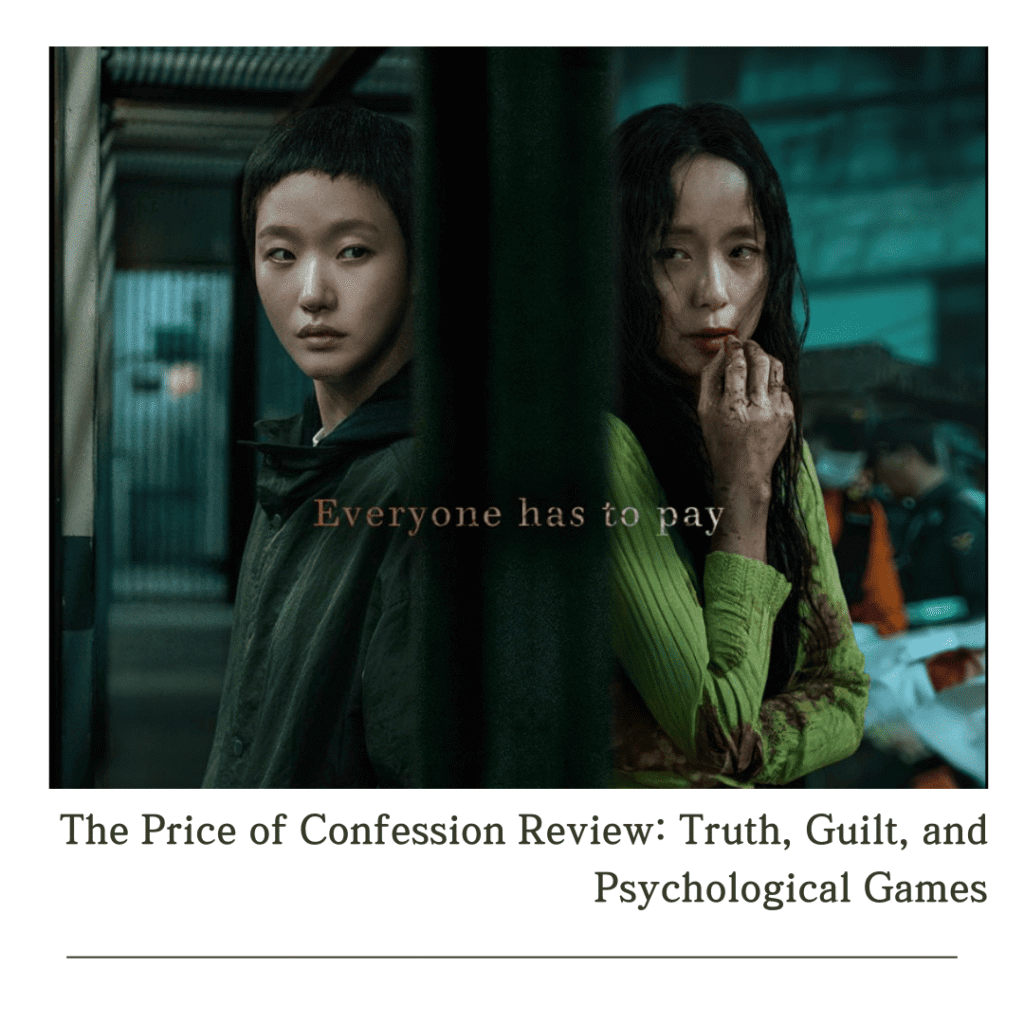The Price of Confession Review: blog cover of the promotional poster showing Yun su and Mo Eun back to back in two parallel scenes from the drama