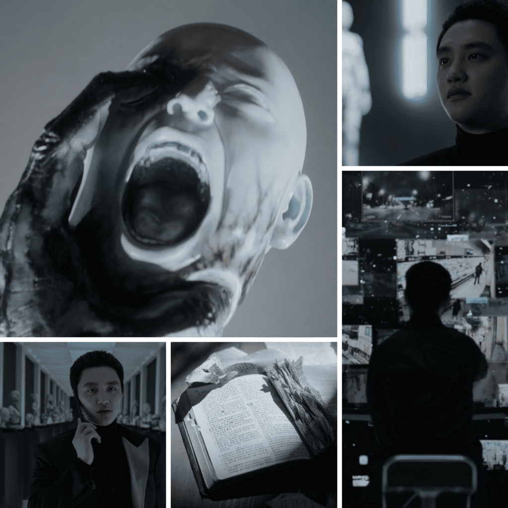 The Manipulated Review: Black and white collage of An Yo-han surrounded by abstract sculptures