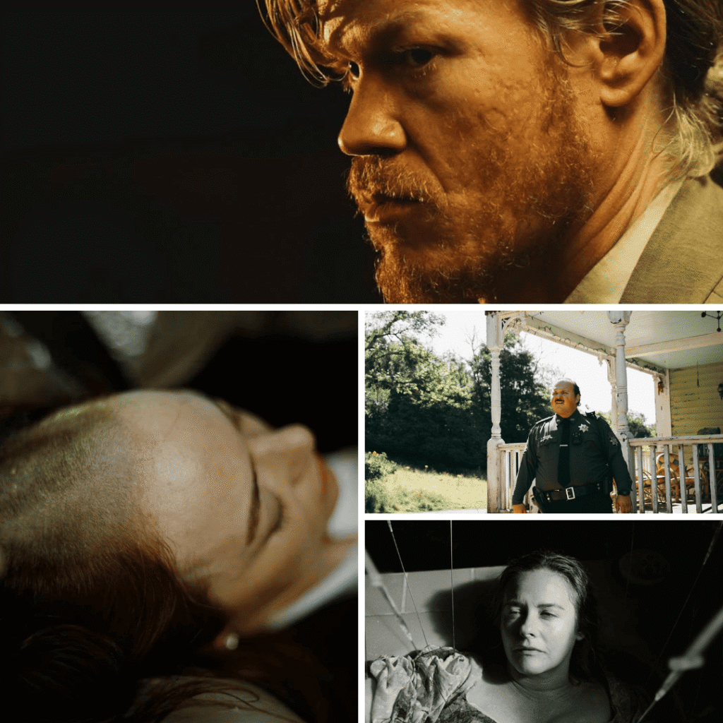 Bugonia Review: Collage of Teddy, the police officer, Michelle’s shaved head, and Teddy’s mother in the bathtub with metal rods.