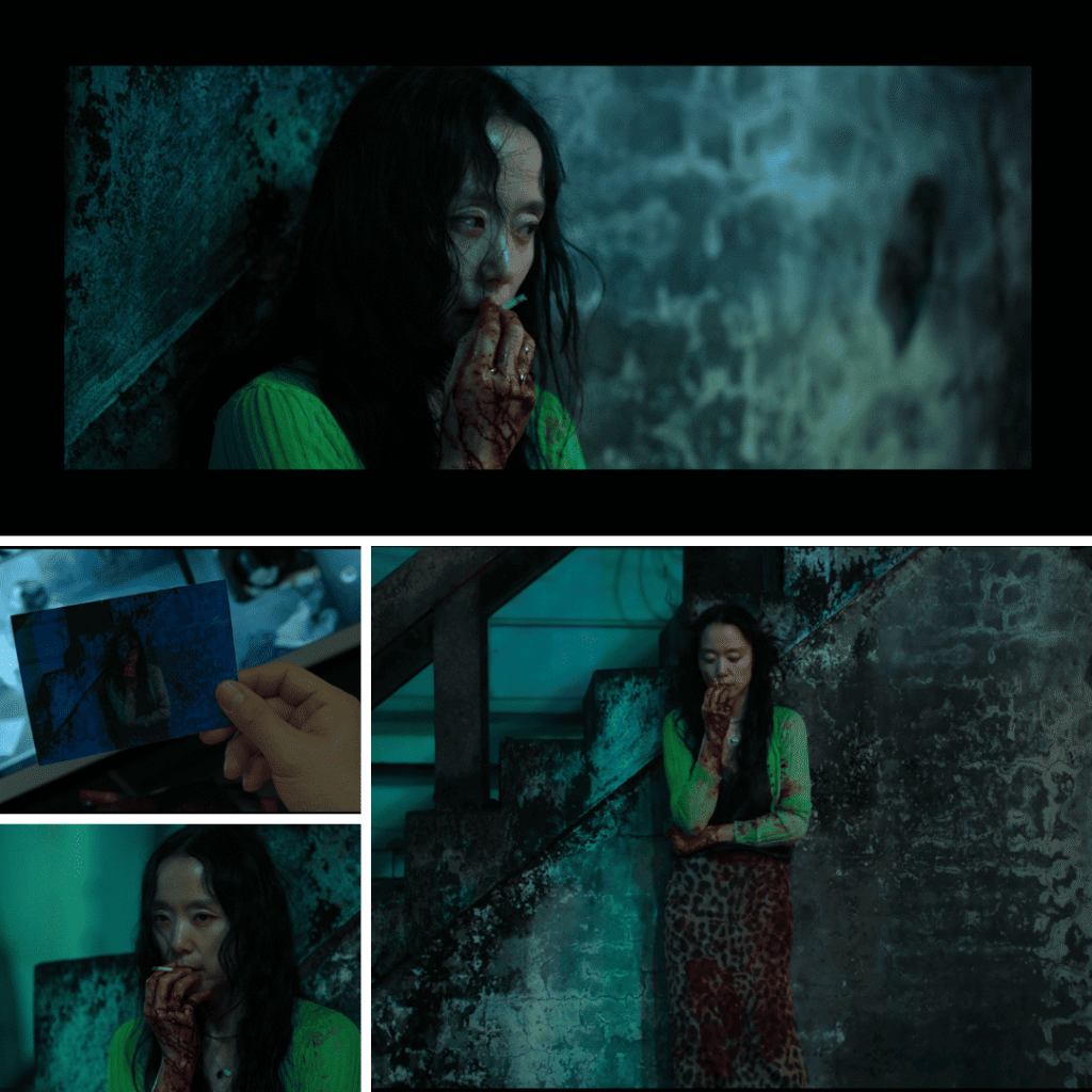 The Price of Confession Review: collage of Yun-su smoking a cigarette at her husband’s crime scene
