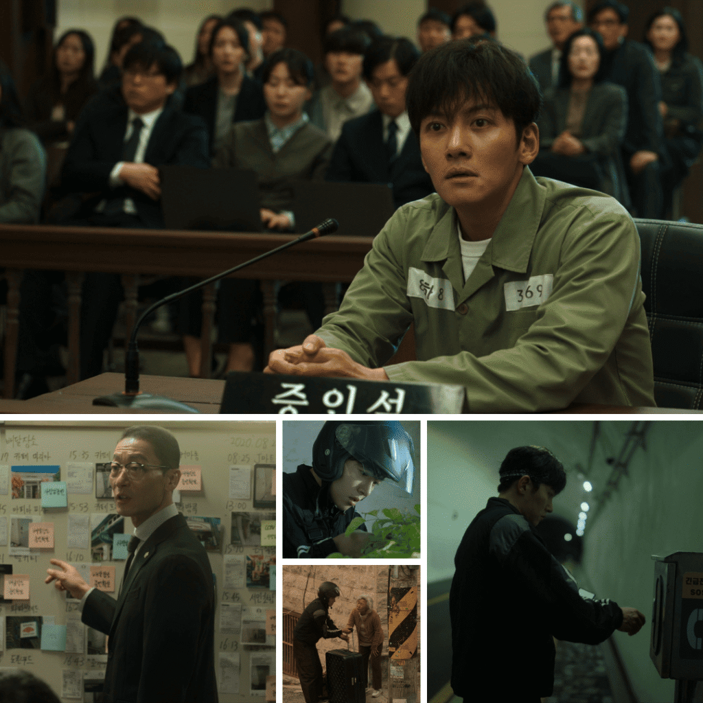 Collage of Tae-joong in court, helping an old woman, caring for a plant, returning a phone, and meeting his lawyer, shown in The Manipulated Review.
