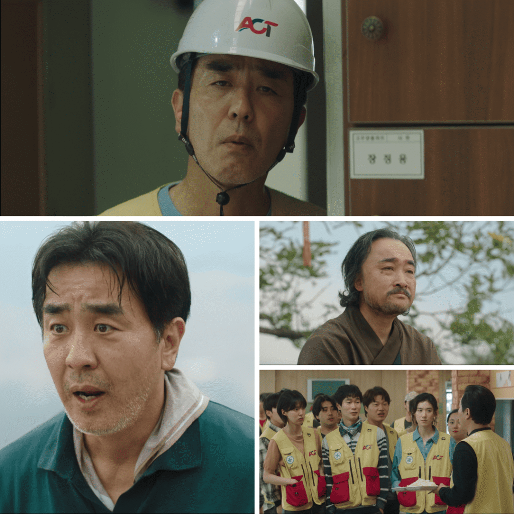 The Dream Life of Mr. Kim Review: Collage of Mr. Kim and ACT factory workers facing job insecurity and economic pressure.