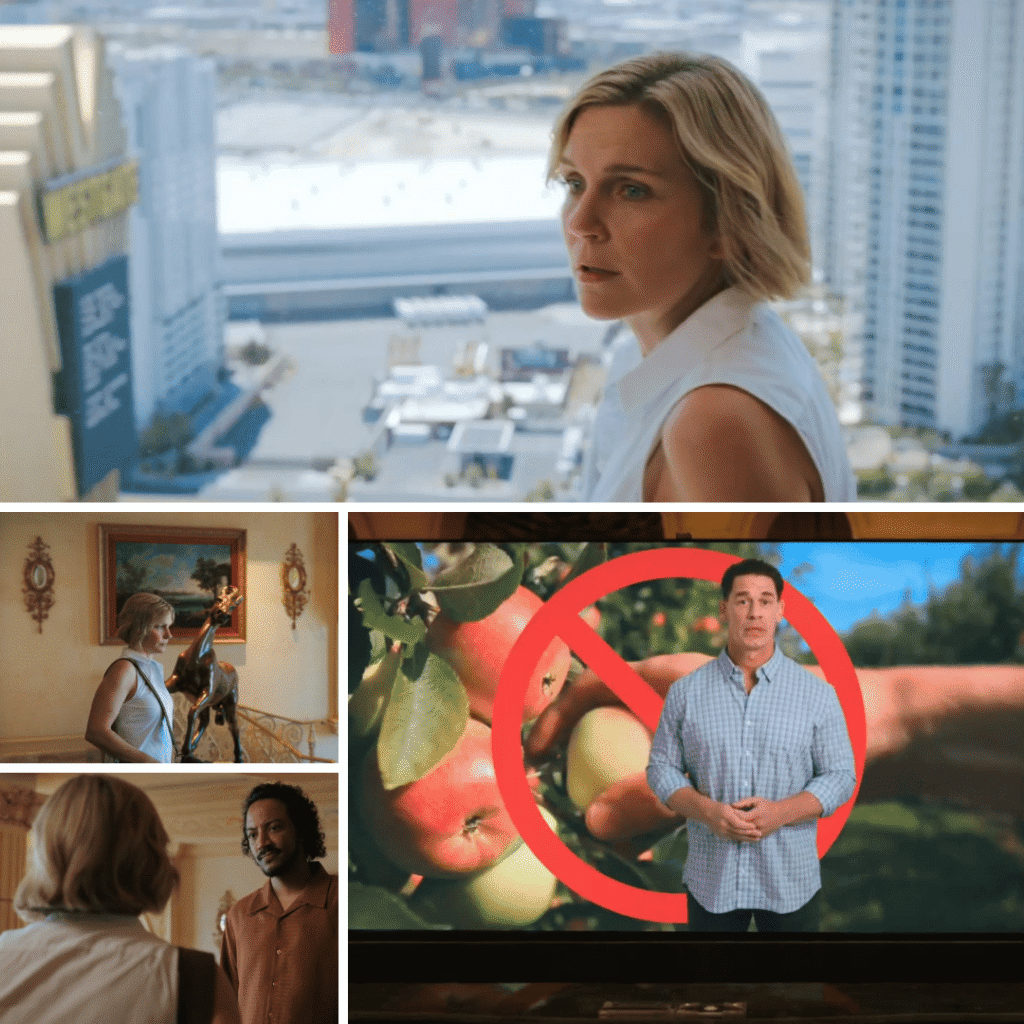 Pluribus Explained: Carol watches television in Las Vegas as John Cena explains the role of HDP made from human remains.