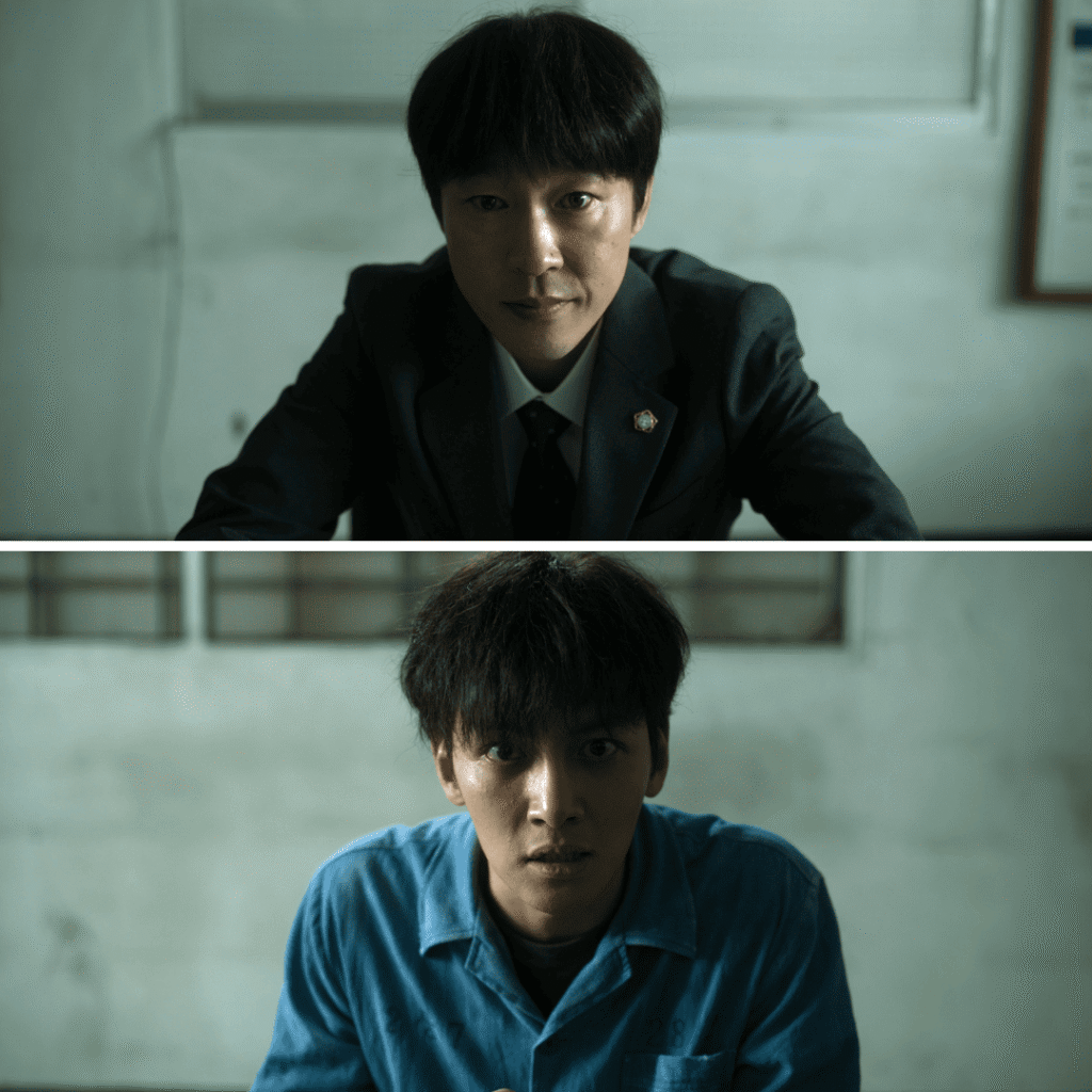 The Manipulated Review: Two image grid of Yo-han’s lawyer and Tae-joong during a prison visit