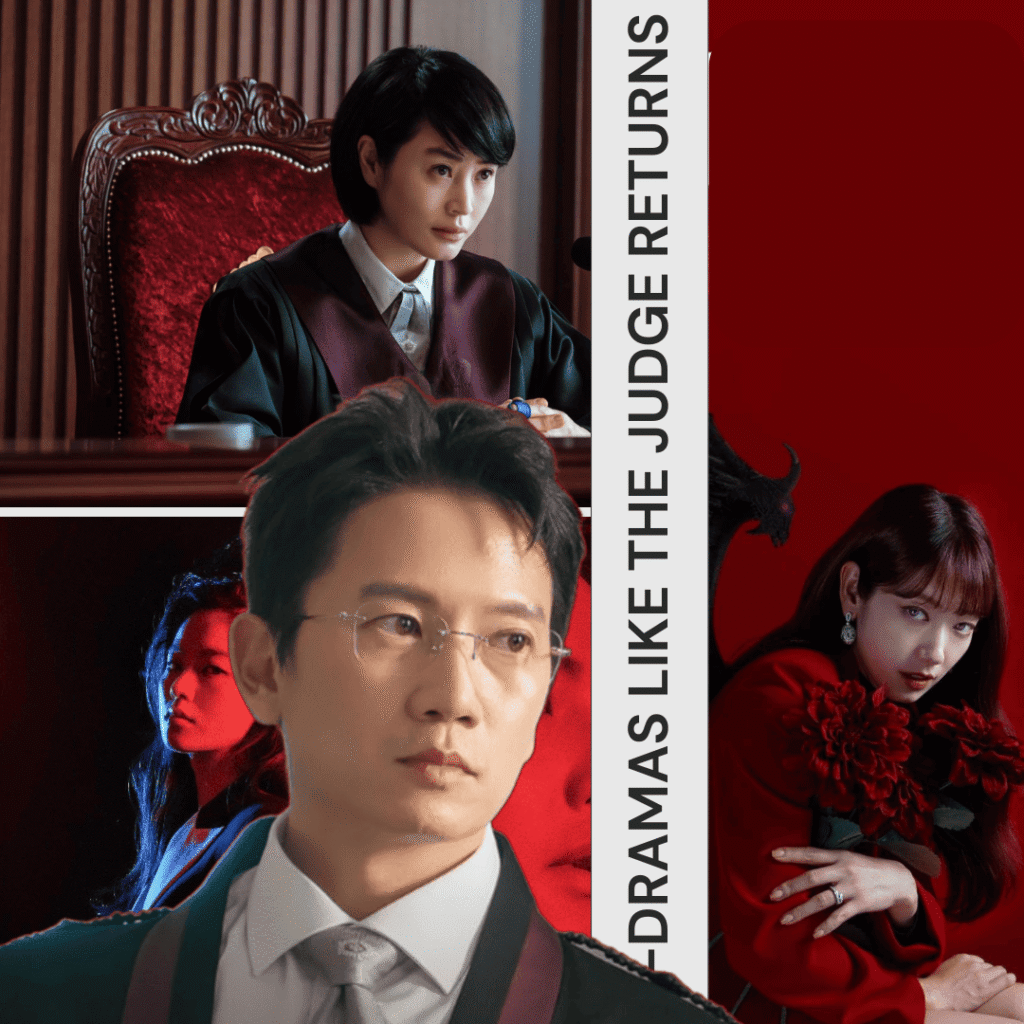 A collage of dark legal thrillers and K-dramas like The Judge Returns, featuring Vincenzo, The Judge from Hell, and Juvenile Justice with Lee Han-young