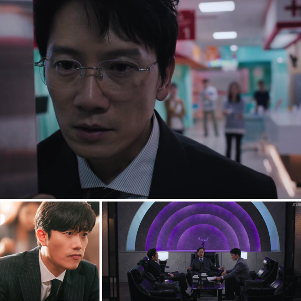 A collage showing Lee Han-young at his mother’s deathbed and corporate power meetings, reflecting the systemic corruption covered in this The Judge Returns Episodes 1-4 Review