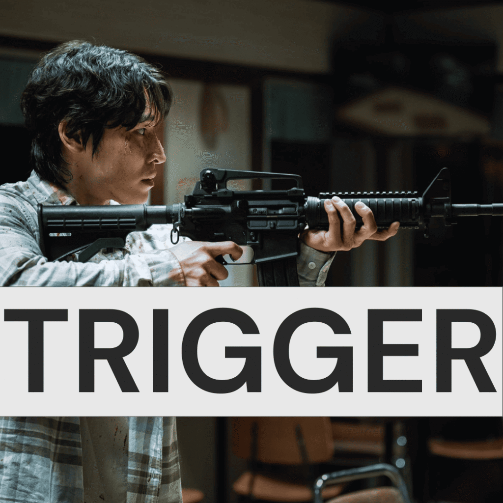 Jung-tae holding an assault rifle in episode one, captured in a tense moment from Trigger, one of the best Korean dramas of 2025.