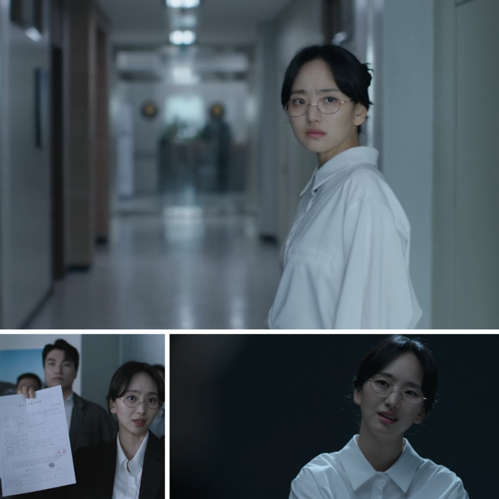 Collage of Prosecutor Kim Jin-ah navigating investigations, representing the parallel moral struggle highlighted in The Judge Returns Episodes 1-4 Review