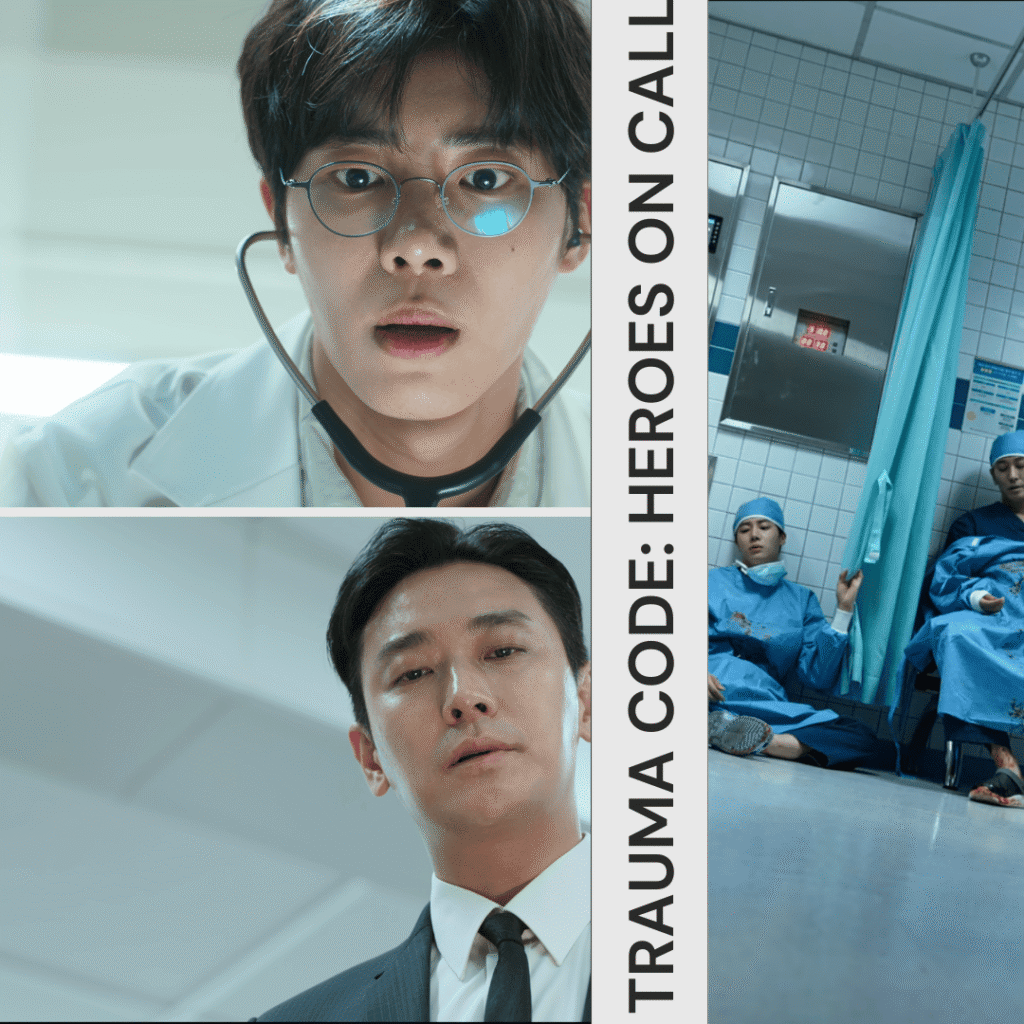 Collage of Gang-hyeok and Jae-won working inside the ER, balancing urgency and humor in Trauma Code, one of the best Korean dramas of 2025.