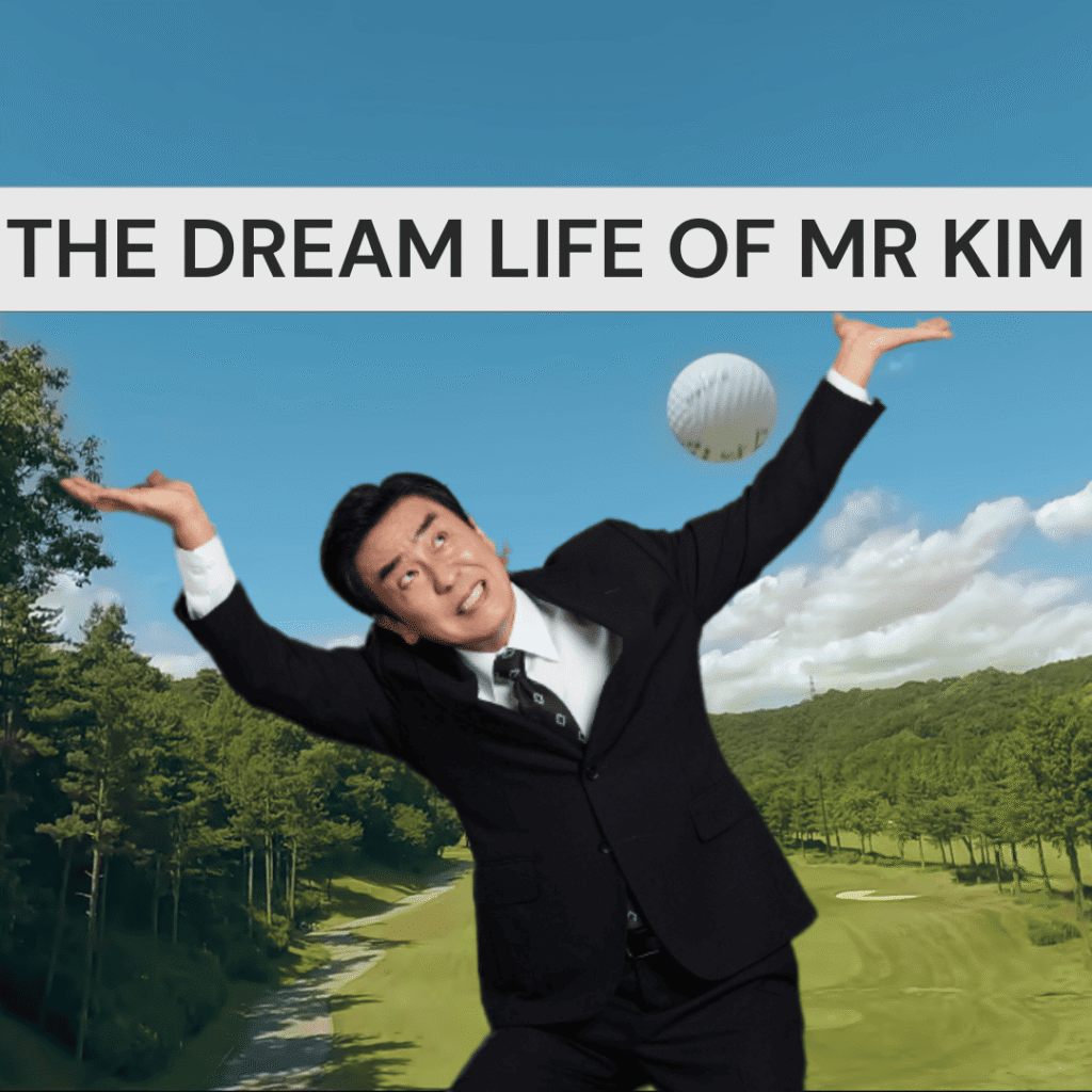 Cutout of Kim Nak-su framed over the golf course moment when he hits a hole-in-one in The Dream Life of Mr Kim, one of the best Korean dramas of 2025.