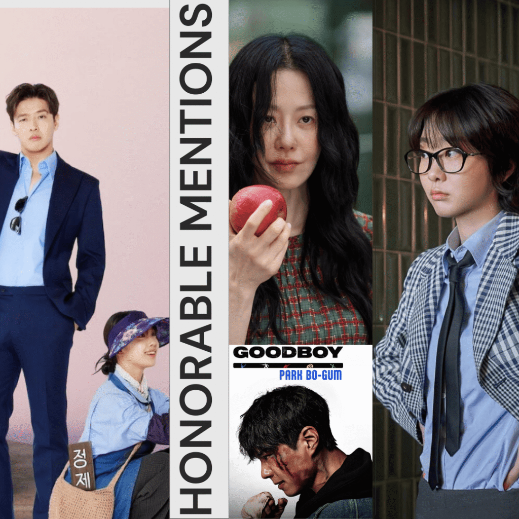 Collage featuring scenes from Nine Puzzles, Good Boy, Queen Mantis, and Tastefully Yours from among the best Korean dramas of 2025.