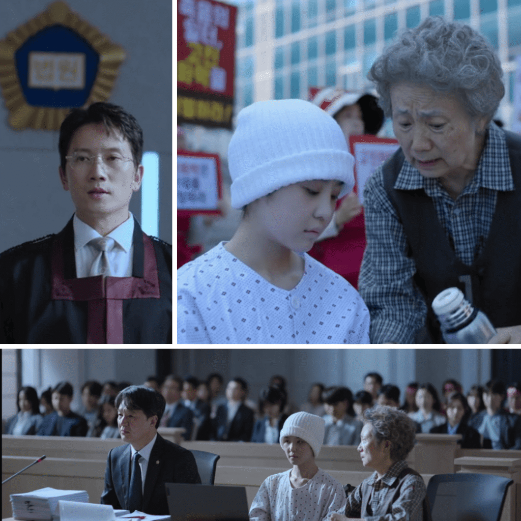 Courtroom collage featuring Lee Han-young and Han Na-young, emphasizing the themes of justice without due process explored in this The Judge Returns Episodes 1-4 Review