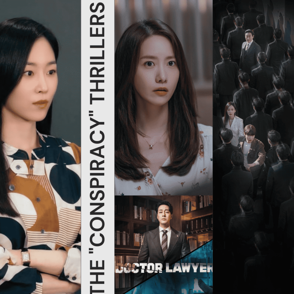 A collage of stills from Why Her, Doctor Lawyer, and Big Mouth, highlighting gritty legal K-dramas like The Judge Returns
