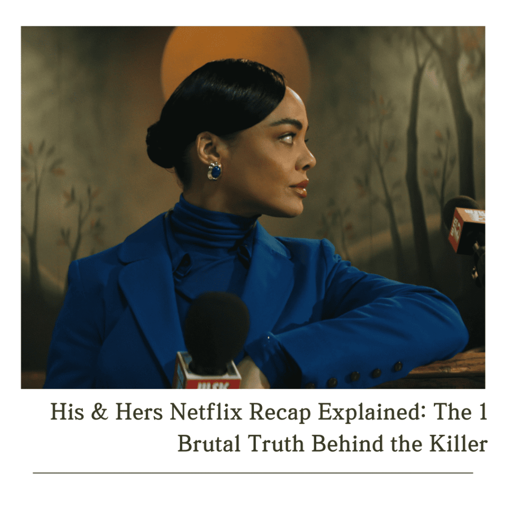 A close-up side profile of Anna (Tessa Thompson) in a blue outfit during the intense townhall scene, used in our His & Hers Netflix recap explained to show her reclaiming her voice.