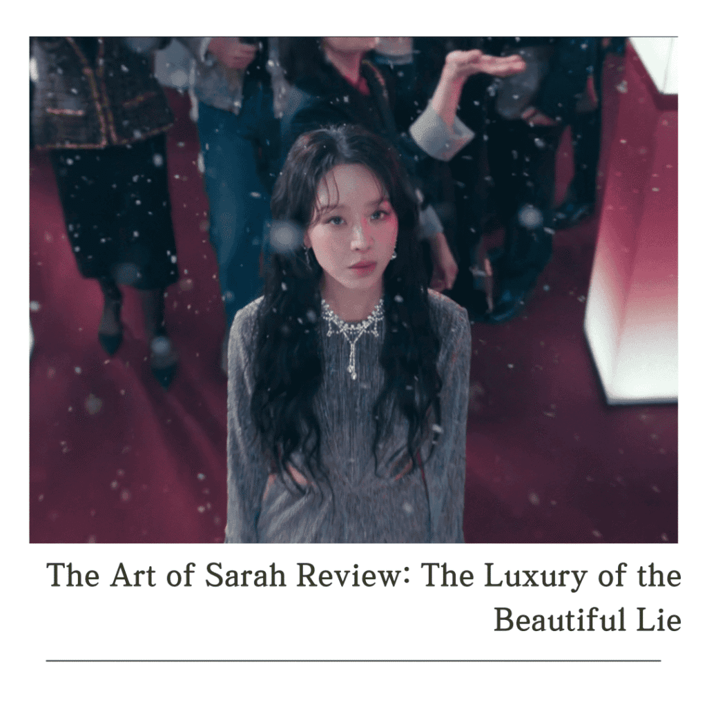 A cinematic still from The Art of Sarah Review showing Sarah Kim in a shimmering grey dress at the Boudoir launch.