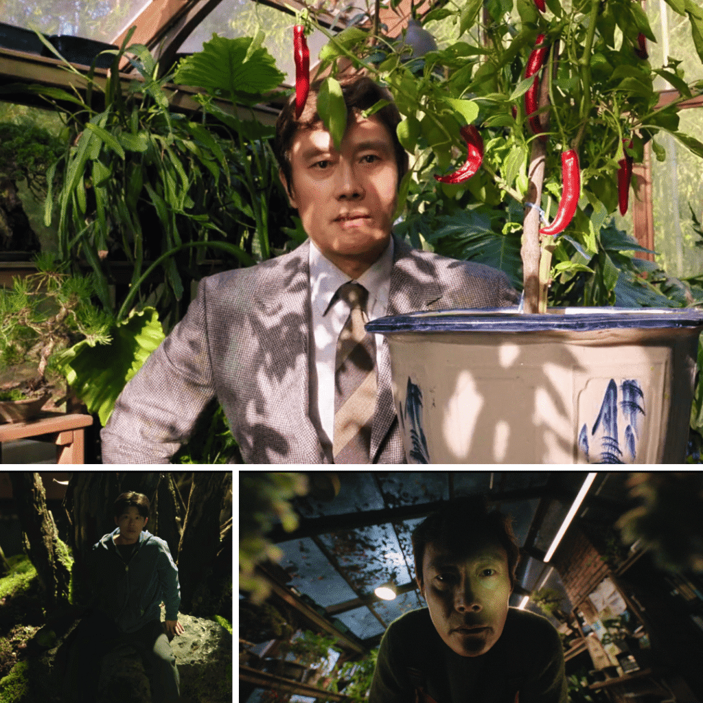 : A collage for my No Other Choice Review featuring Man-su filming a job ad in a greenhouse and a dream sequence with his son.