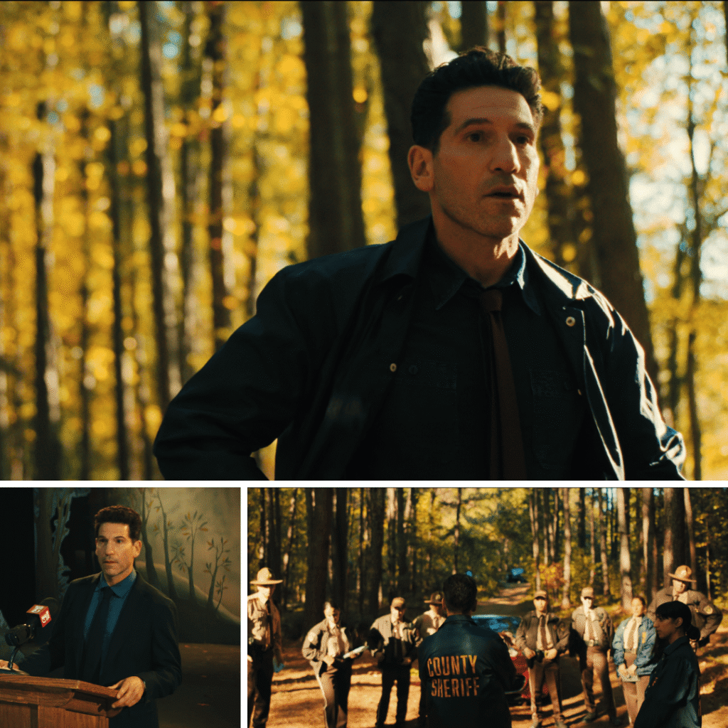 Detective Jack Harper in the Georgia woods looking caught off-guard; a pivotal moment in this His & Hers Netflix recap explained where personal secrets begin to leak into the murder investigation.