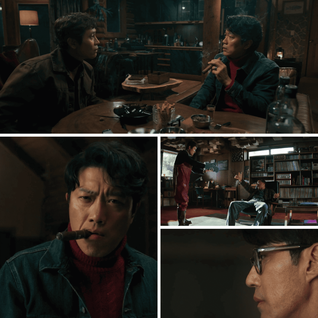 A character study collage for the No Other Choice Review showing Man-su with Seon-chul and Bum-mo alongside a profile of Go Shi-zo.