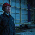 The final scene in this No Other Choice Review showing Man-su standing alone in a vast paper factory.