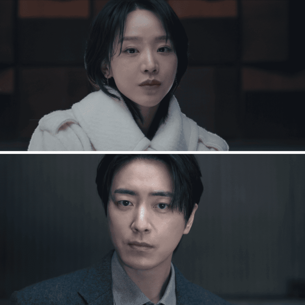A 2-image grid from The Art of Sarah Review showing Sarah Kim and Mu-gyeong in the police interrogation room.