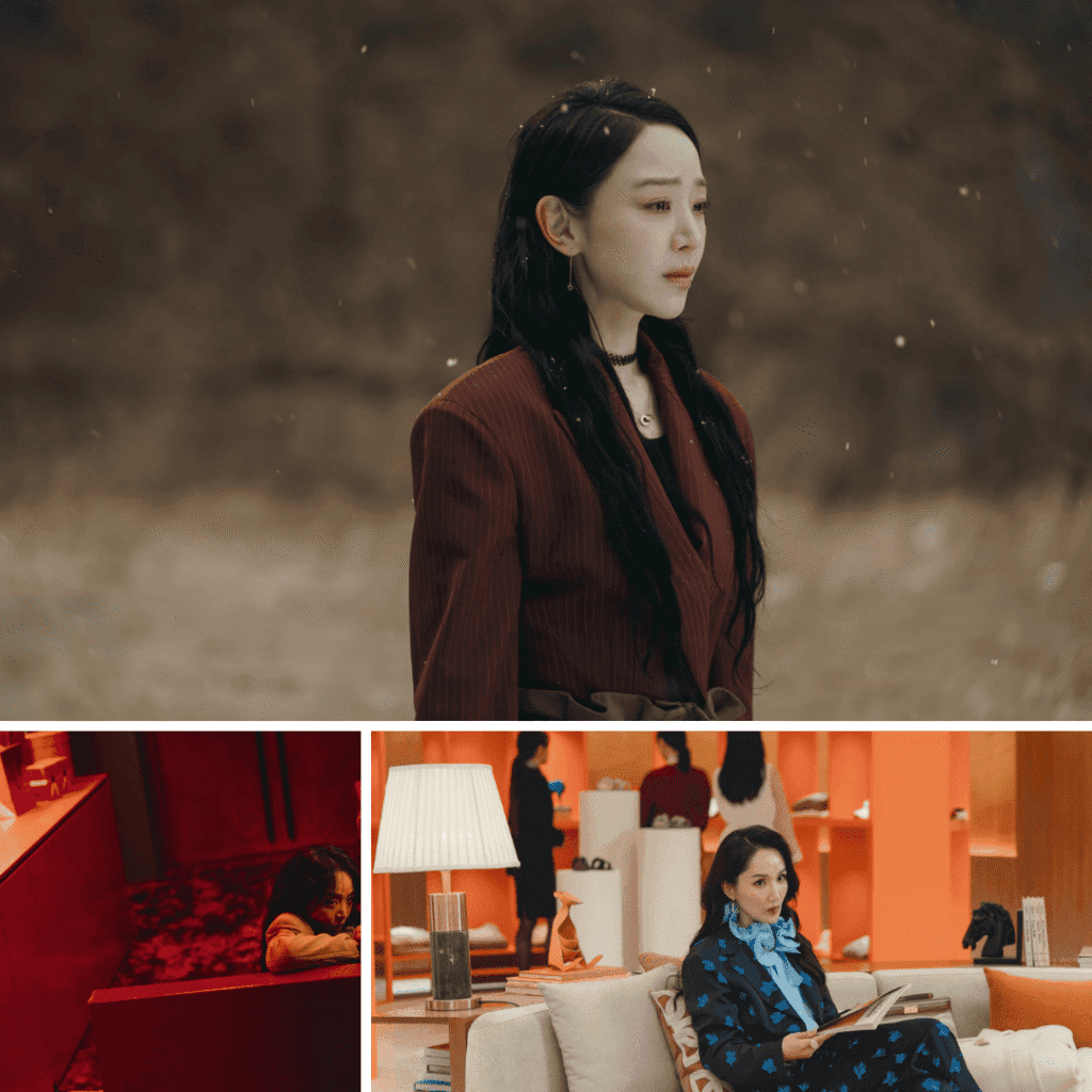 A 3-image grid featuring Sarah Kim burning bags and Yeo-jin watching her, analyzed in The Art of Sarah Character Analysis.