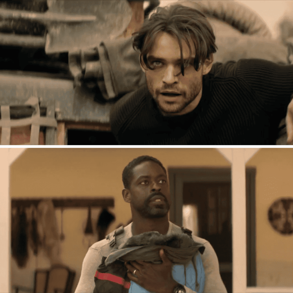 Paradise Season 2 Mid-Season Review Episodes 1-4: two image grid showing Link organizing survivors and Xavier holding Annie’s baby.