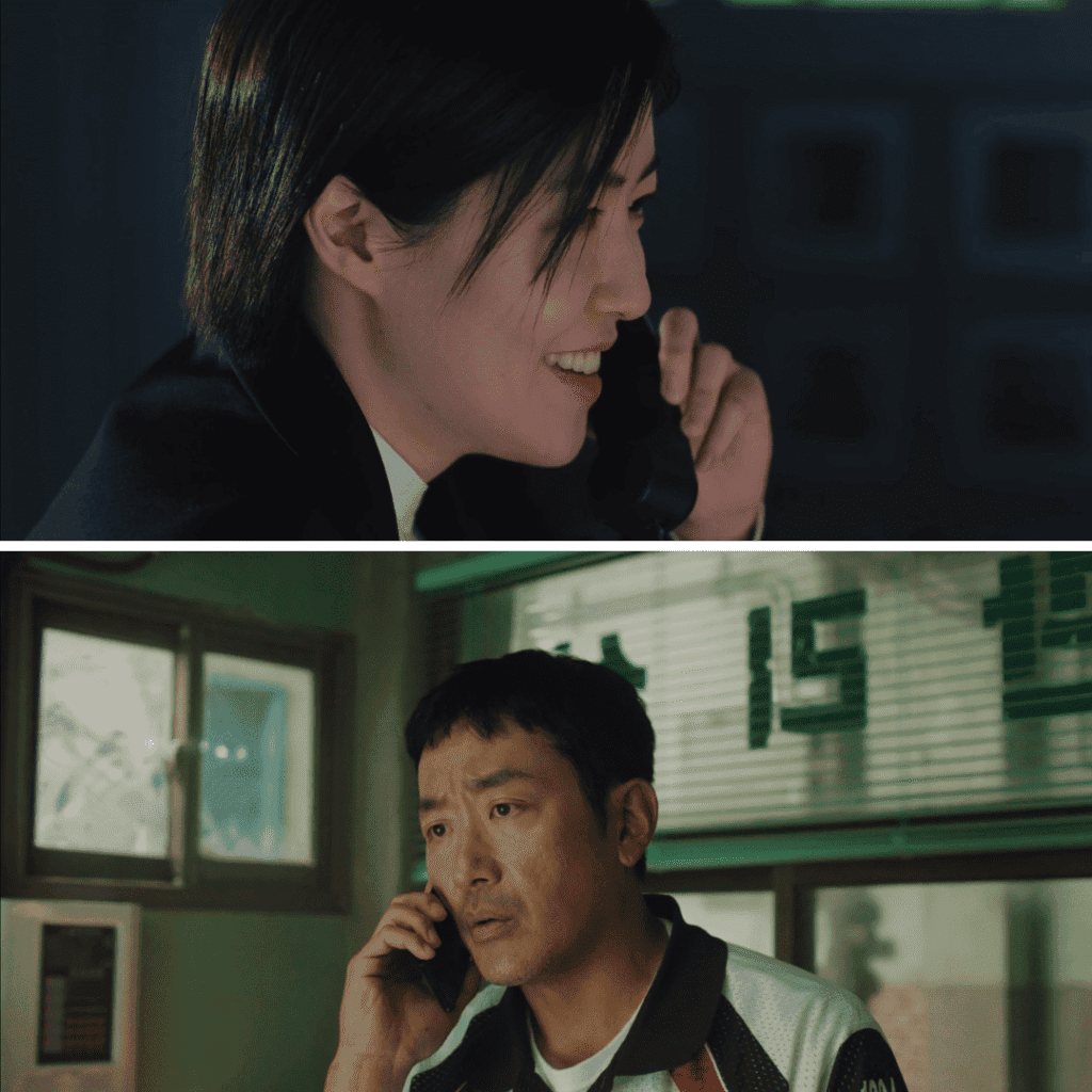 A split-screen of Yo-na and Su-jong on a tense phone call, highlighting the predatory stakes of Mad Concrete Dreams First Impressions.